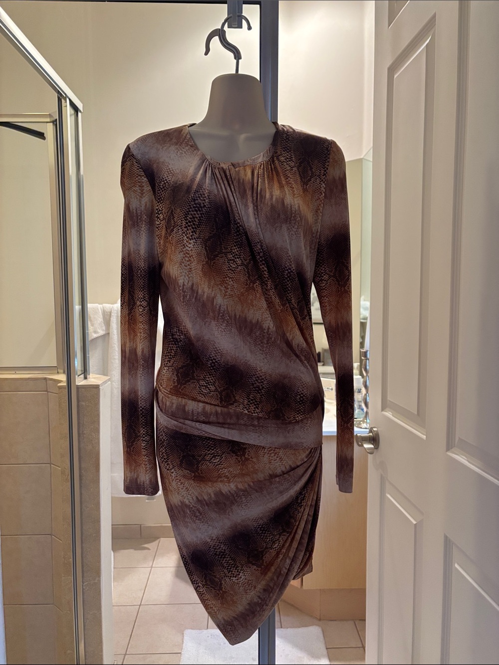 Torn by Ronny Kobo Brown Snake-Print Long Sleeve Draped Dress